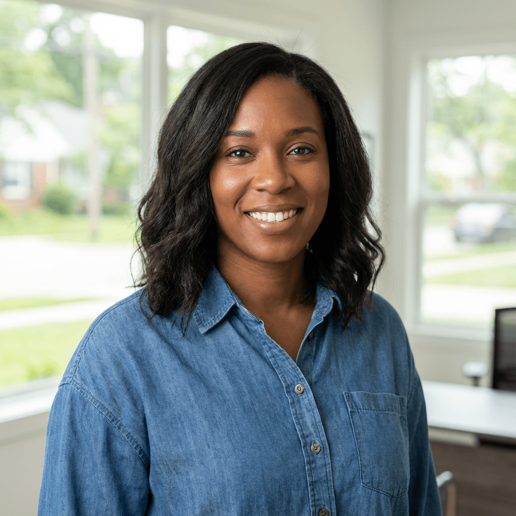 Female customer service manager in her early 30s, Black, at her desk in the dealership office