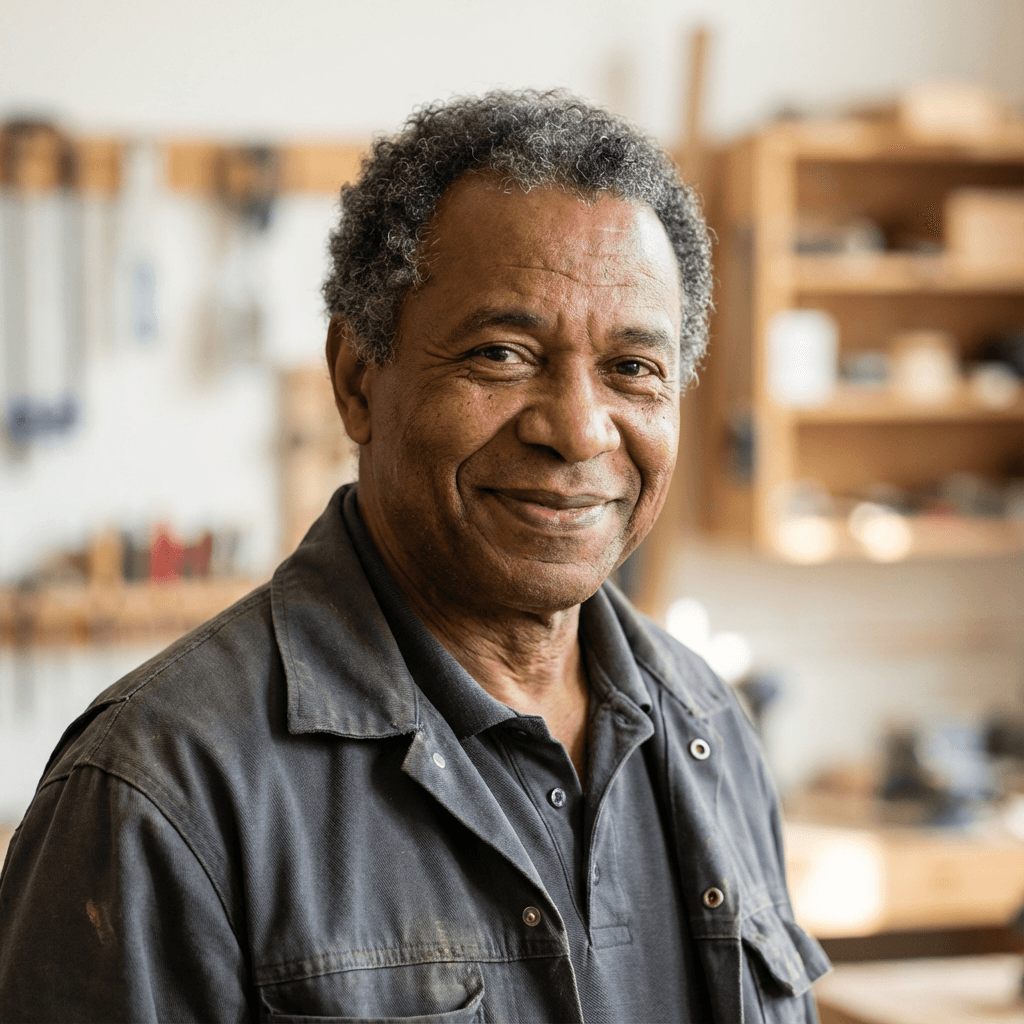Male automotive locksmith in his late 20s, Black, at the key cutting station
