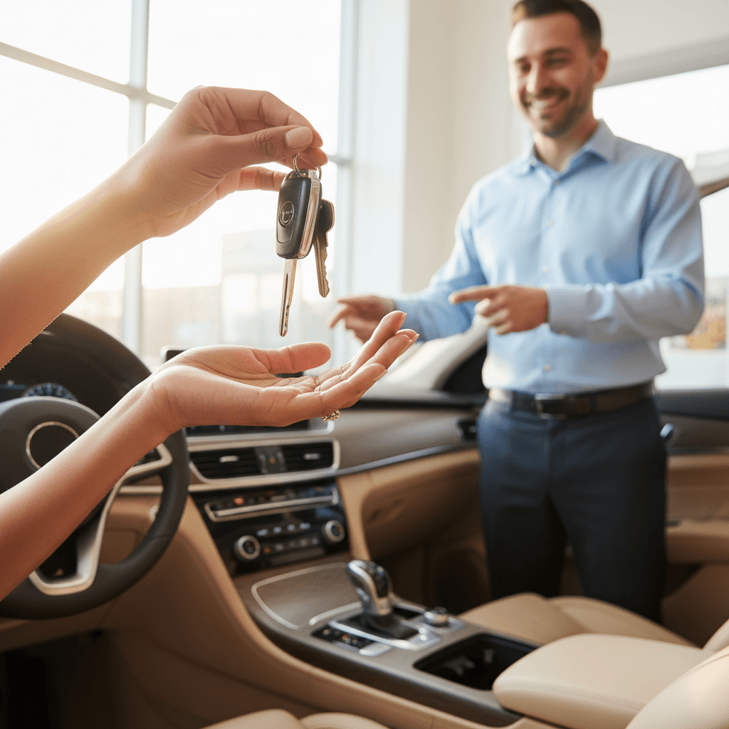 Customer receiving car keys from salesman on the lot