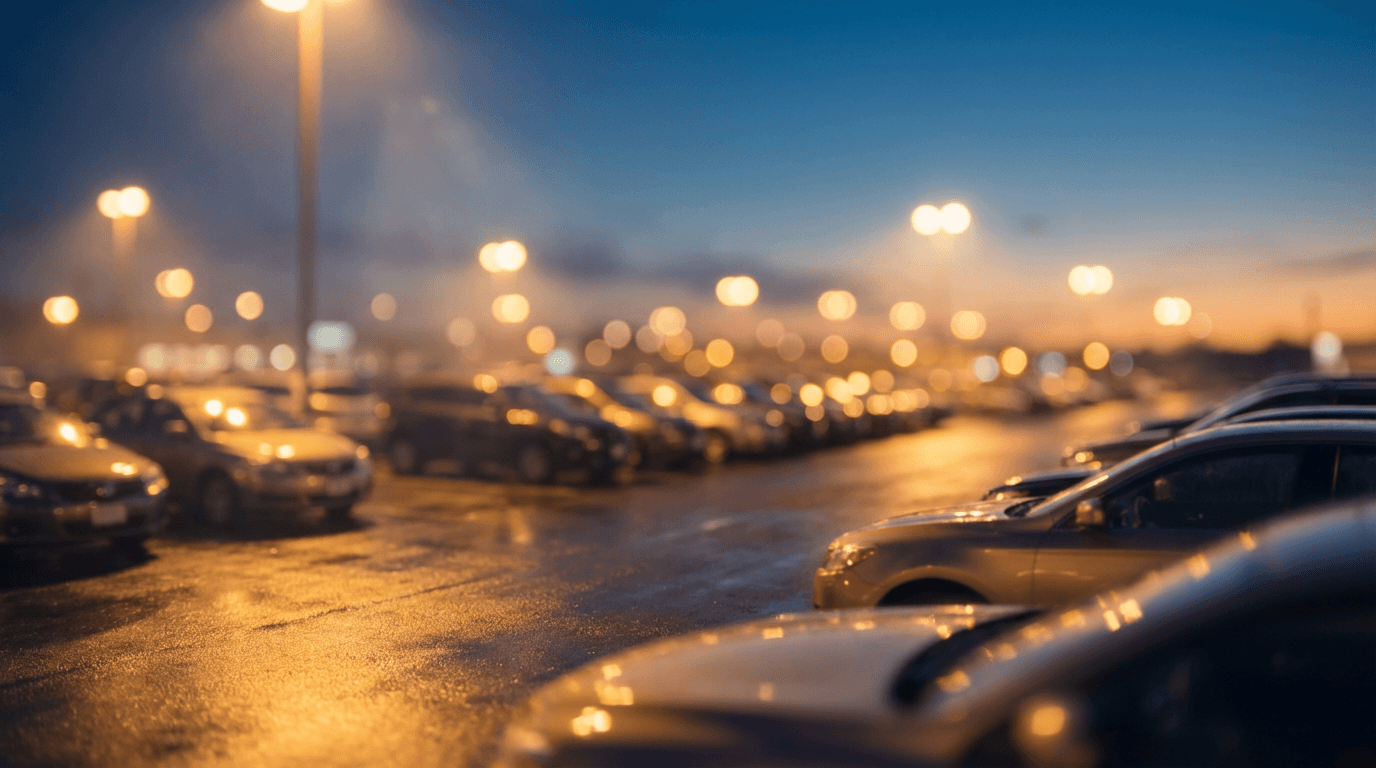 Used cars and trucks lined up on the lot at a Memphis dealership