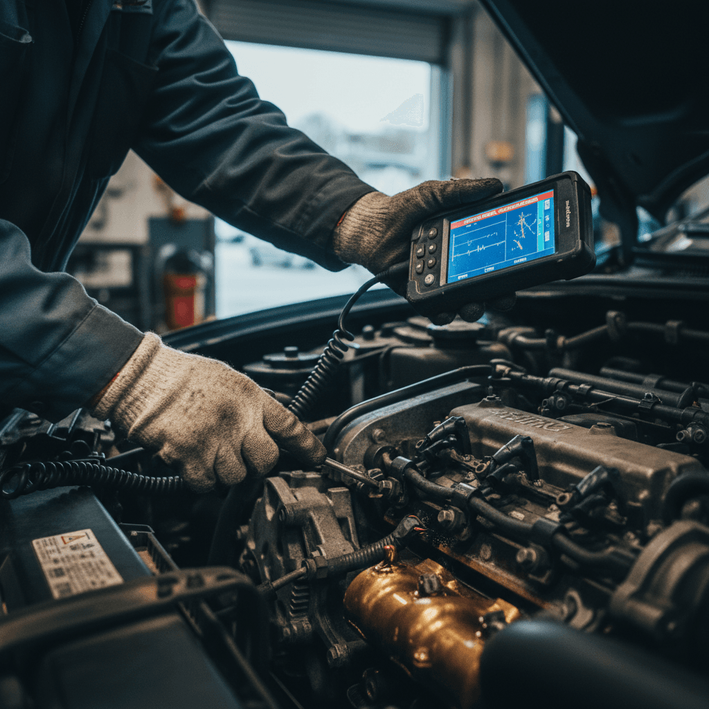 Mechanic's hands with clipboard over an open car hood in a service bay