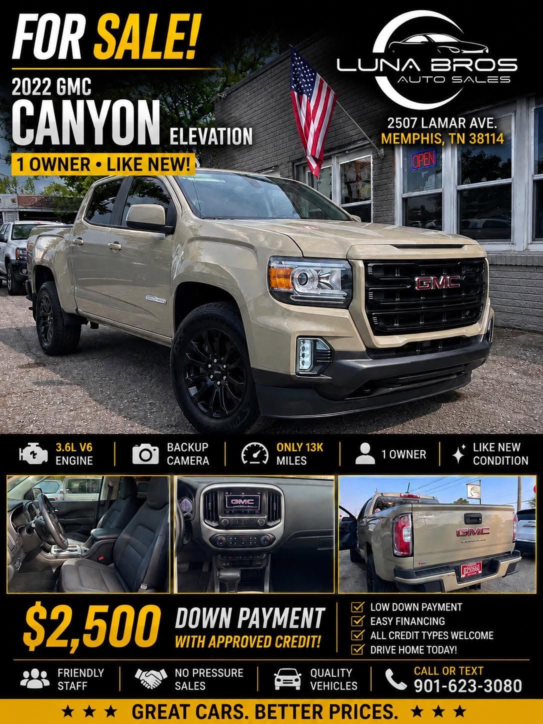 Tan 2022 GMC Canyon Elevation pickup truck advertisement with interior and exterior vehicle views.