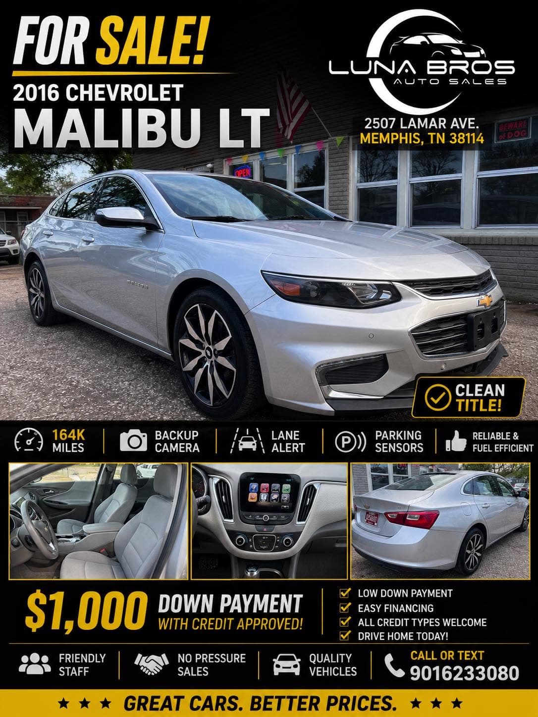 Silver 2016 Chevrolet Malibu LT for sale flyer showing exterior, interior, features, and pricing details.