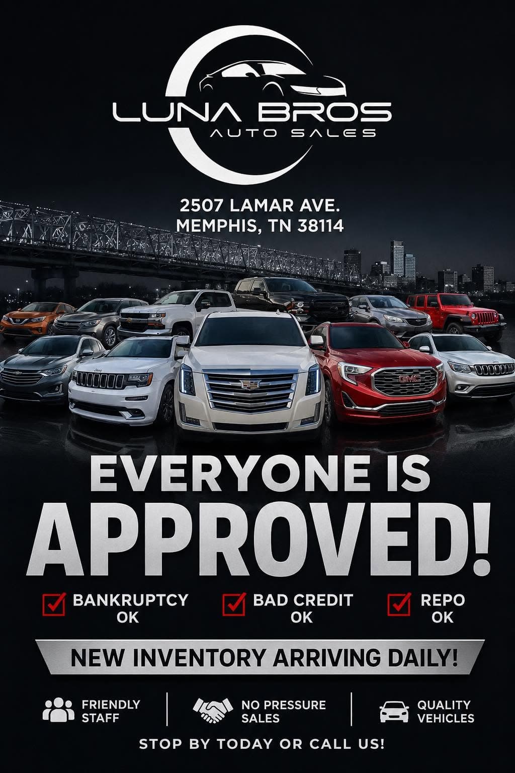 Luna Bros Auto Sales advertisement showing various cars and guaranteed credit approval in Memphis.
